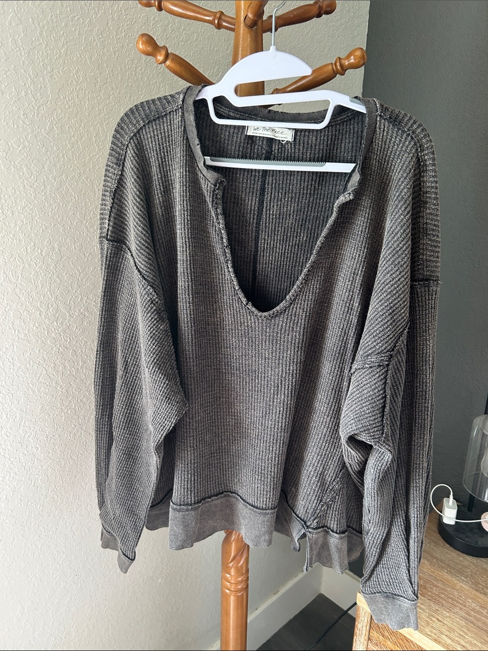 We The Free Washed Charcoal Waffle-Knit V-Neck Women's Sweater